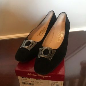 Black suede Ferragamo heels